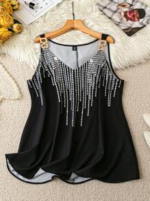 SHEIN LUNE Plus Size Women Front Graphic Print Decor V-Neck Camisole, Solid Color Back, Suitable For Summer - Multicolor - View 1