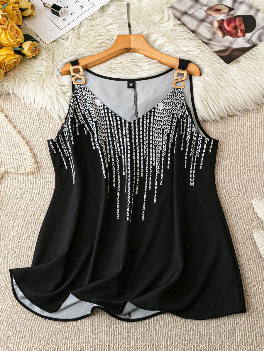 SHEIN LUNE Plus Size Women Front Graphic Print Decor V-Neck Camisole, Solid Color Back, Suitable For Summer - Multicolor - View 1