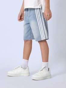 SUMWON Shorts Denim Casuais de Verão com Detalhe de Listras Laterais, Perfeita para Uso Escolar e de Fim de Semana, Cintura Ajustável - Lavagem clara - Visão 1