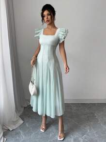 Elenzga Vestido elegante de mujer de manga corta y dos capas con cuello cuadrado, pliegues en la cintura, falda evasé y bajo midi en color verde pálido