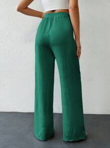 SHEIN Tall 高腰純色休閒褲，棉線打結款式，女裝 - 綠色 - 查看 2