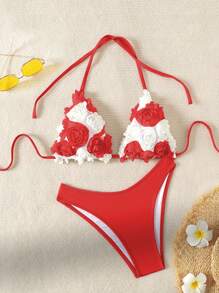 Swim Mod Contrast Color 3D Floral Decor Bikini Swimsuit Set For Vacation Beach - Red and White - View 1