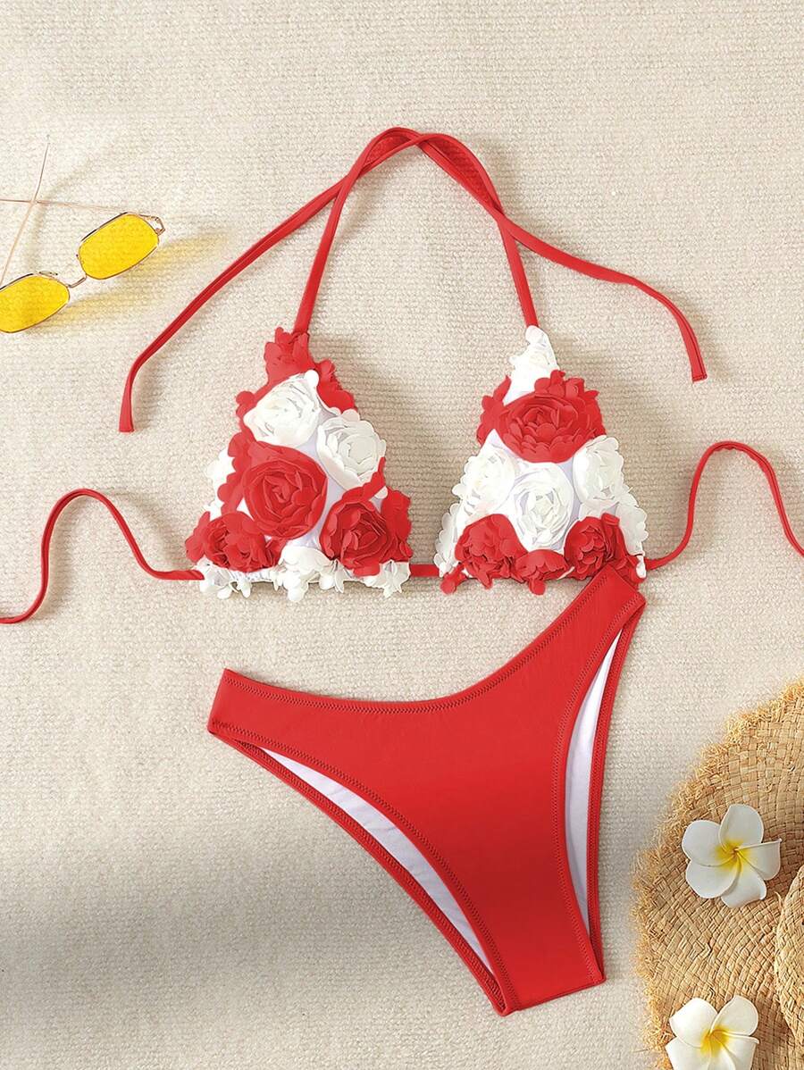Swim Mod Contrast Color 3D Floral Decor Bikini Swimsuit Set For Vacation Beach - Red and White - View 1