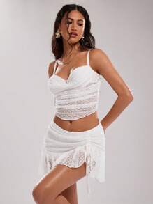 SHEIN BAE Damen elegantes Einfarbig Spitzen Raffung Kurzes Trägertop - Weiss - Übersicht 1