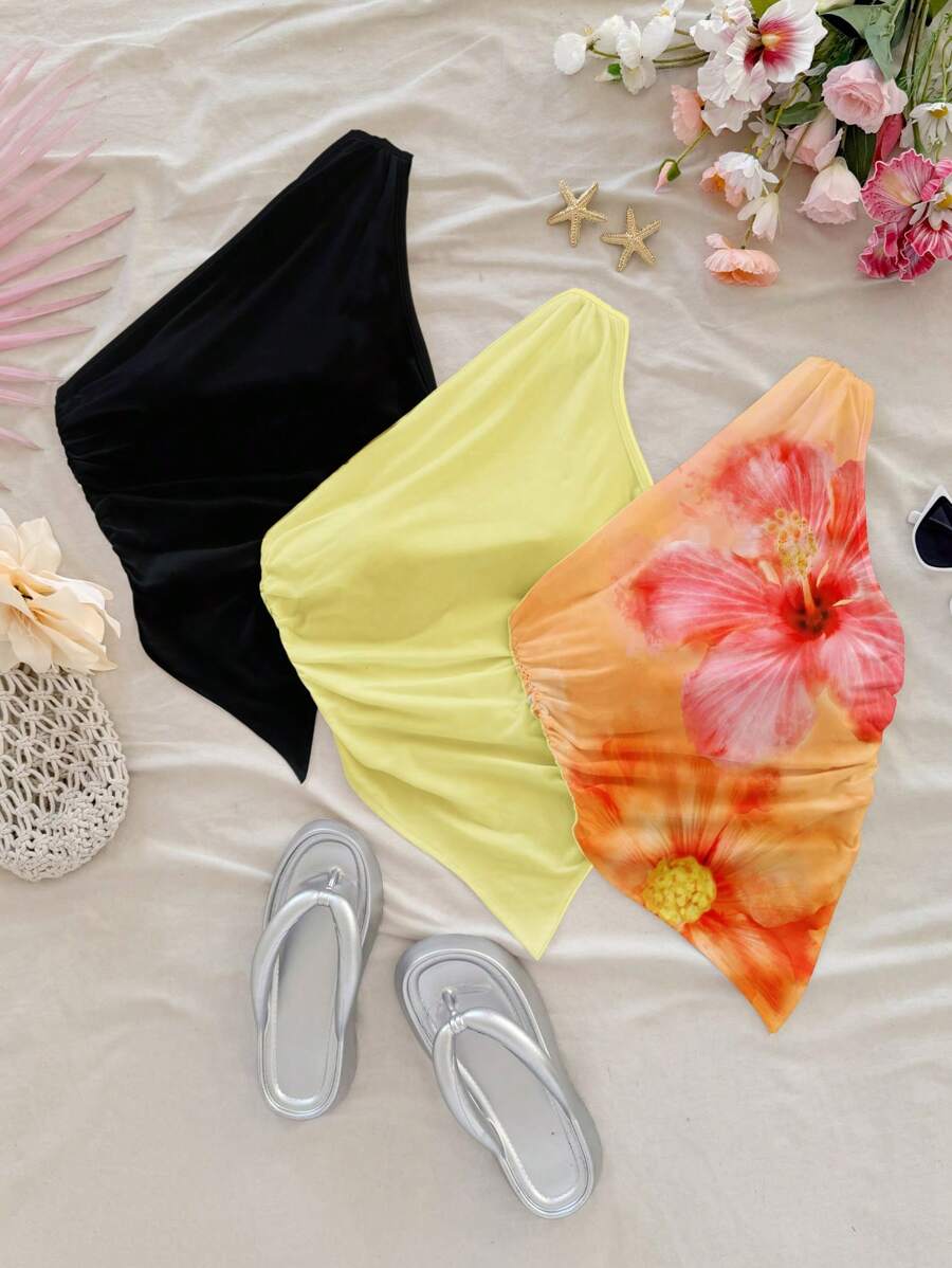 Soleia 3pcs Orange Tropical Floral Print On Yellow Base, Solid Black And Light Yellow Assorted Asymmetric Shoulder Hem Blouse For Women, Suitable For Summer And Beach-Style,Rave Top Suitable For Going Out