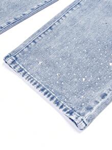 Tween Girl' Fashionable Casual Rhinestone Washed Denim Straight Leg Jeans - Medium Wash - View 7