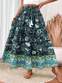 Breezaya 女式抽绳腰部流苏装饰 A 字裙长裙