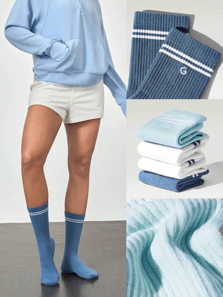 3 Pairs Cotton Vintage Striped Socks Soft Ventilated Mesh With Jacquard Logo Workout Daily Casual