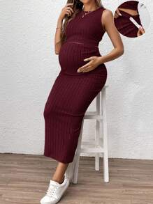 SHEIN 2 Pieces Ribbed Maternity Tank Top And Skirt Set, Solid Color, Summer Burgundy - Hot Pink - View 3