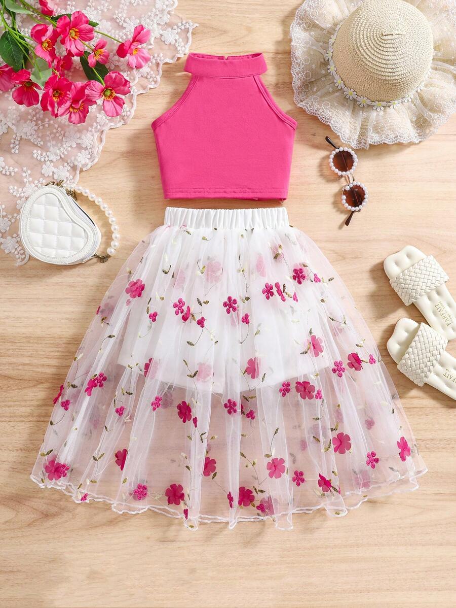 SHEIN Glamorique Kids 2 件套年轻女孩时尚可爱休闲度假风格无袖上衣和花卉网眼裙套装 - 玫紅色 - 查看 1