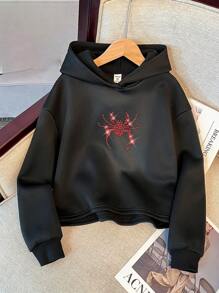Áo nỉ dáng rộng, thoải mái, màu đen, phong cách punk gothic, đính đá đỏ hình nhện, dành cho bé gái tuổi teen, thích hợp cho lễ Halloween và mặc ấm trong nhà/ngoài trời, có lớp lót giữ nhiệt. - màu đen - Xem 1