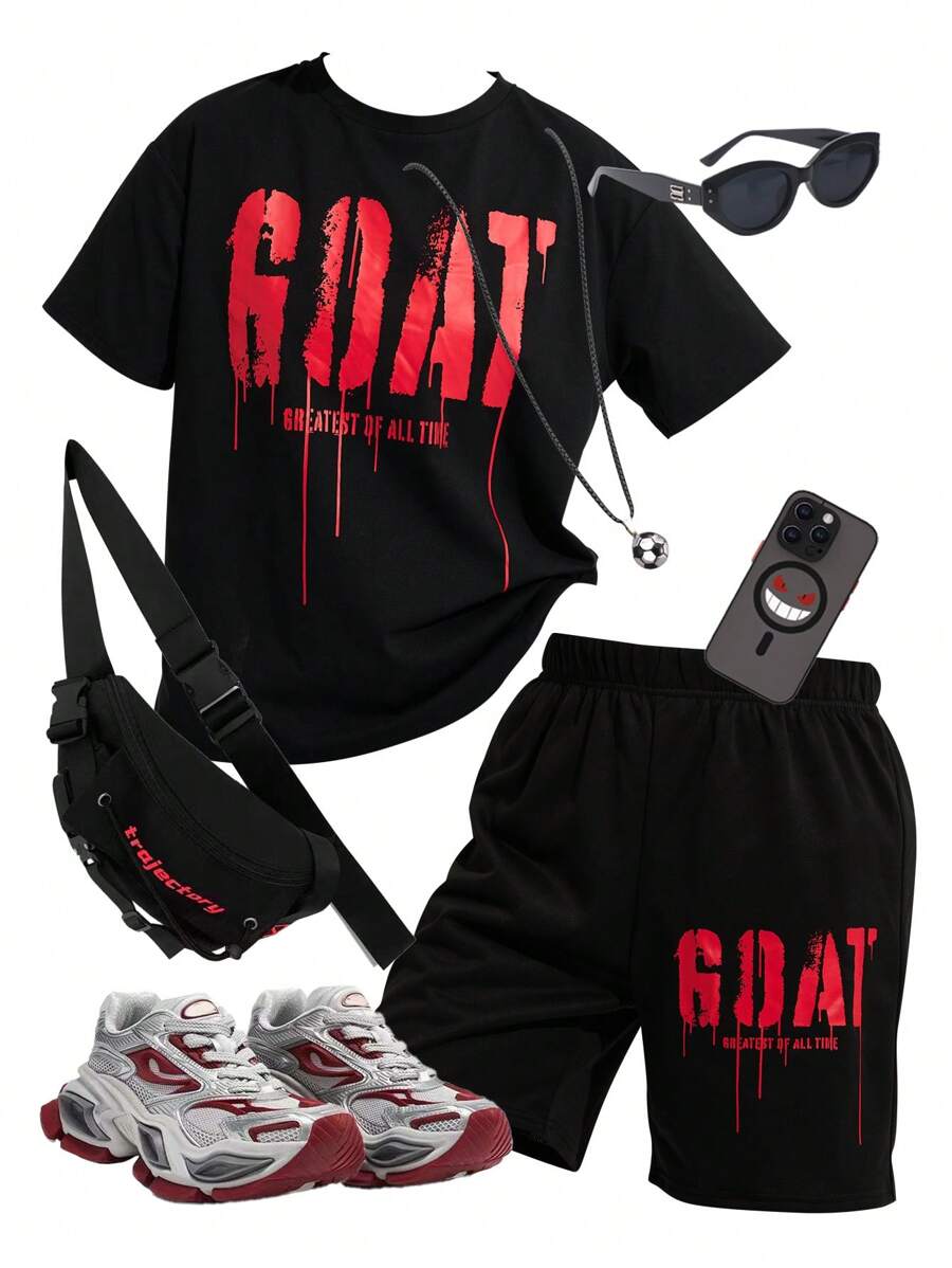 SHEIN ティーンボーイズ用 2点セット カジュアル 文字プリント Tシャツ ショーツ 半袖 ラウンドネック 通勤、スクール、デイリー、レジャー、スポーツ、春夏に適しています - ブラック - チェックする 1