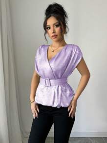 Elenzga Women's Elegant Casual Holiday Commute Valentine's Day Plain Shimmery Metallic Fabric Crossover Peplum Top With Ruched Shoulders, Day-Style Buckle, And Self-Tie Belt, Cropped Length, Spring/Summer - Mauve Purple - View 5