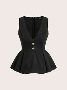 Glamine Women's Solid Color Front Button Sexy V-Neck Sleeveless Loose Flared Tank Top - Black - View 5