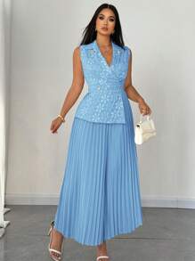 SHEIN Unity 女士加大码优雅提花褶皱立领连体裤 - 藍色 - 查看 3