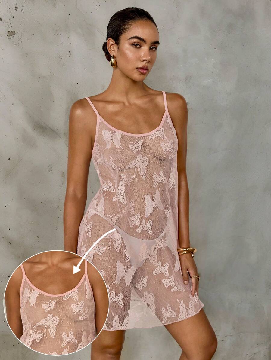 SHEIN Swim Women's Hollow Butterfly Crochet Pink Shrug, Cute & Fresh Style, Suitable For Spring/Summer, Beach, Resort, Party, Festival Women Dress Women Dresses Woman Dress Resort Dresses For Women Mesh Dress