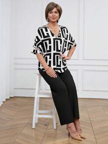 Miaspire 2 件套女士休闲全印花 V 领上衣和裤子套装 - 白色 - 查看 3