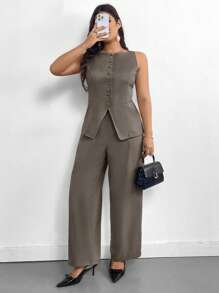 Firerie Conjunto de 2 piezas talla grande para mujer - Diseño de cargo con decoración de bolsillo falso, Blazer y pantalón con escote en V color beige para el Día de San Valentín, Conjunto informal para oficina/ir al trabajo