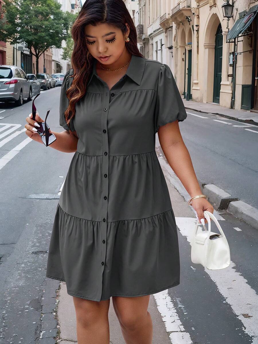 Calvaya Plus Size Summer Solid Color Button Front Puff Sleeve Dress - Dark Grey - View 1
