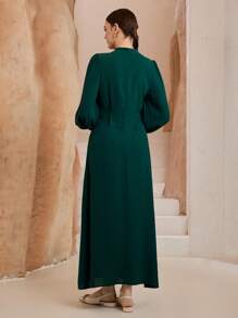Graceveil Vestido de cintura alta con manga de farol, cintura ceñida y cuello con aplicación de unicolor - Verde Oscuro - Ver 2