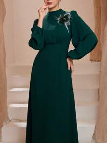 Graceveil Vestido de cintura alta con manga de farol, cintura ceñida y cuello con aplicación de unicolor - Verde Oscuro - Ver 4