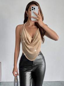 Firerie 女士优雅浪漫时尚通勤性感风格优雅水钻垂领吊带背心，适合派对、度假 - 卡其色 - 查看 7