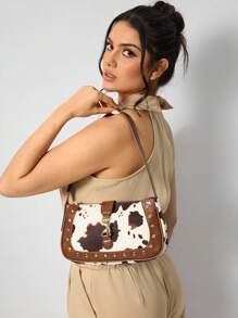 SHEIN SXY Quý cô, Túi đeo vai nữ, Túi Hobo, Thời trang, Thanh lịch, Đơn giản, Cá nhân hóa, Đa năng, Cổ điển, Họa tiết bò, Họa tiết động vật, Khóa cứng, Cho buổi hẹn hò, Hàng ngày, Mua sắm, Trà chiều - màu nâu - Xem 7