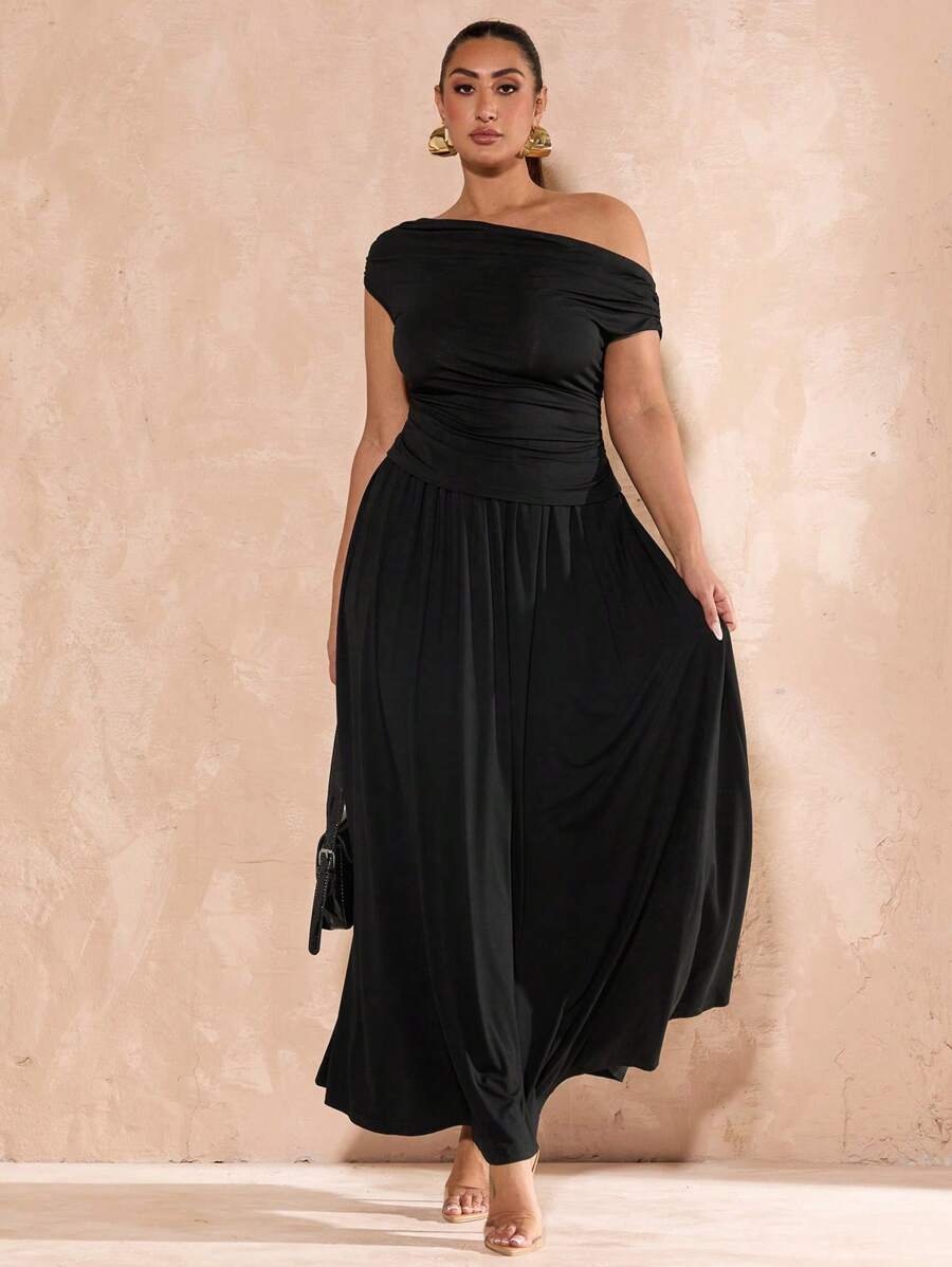 SHEIN BAE Plus Size Summer Black Sleeveless Off-Shoulder Neck Waist Smocked Top For Women, Large A-Line Smocked Elastic Waist Skirt/Long Skirt, Knitted Stretch Two Pieces Suit, Hot Girl Two Pieces Suit, Commuting Daily Two Pieces Suit, Vacation, Beach Two Pieces Suit, Going Out Suit, Church Outfits Women, Elegant Set, Summer Outfits For Women, Spring Outfits For Women, Sundress