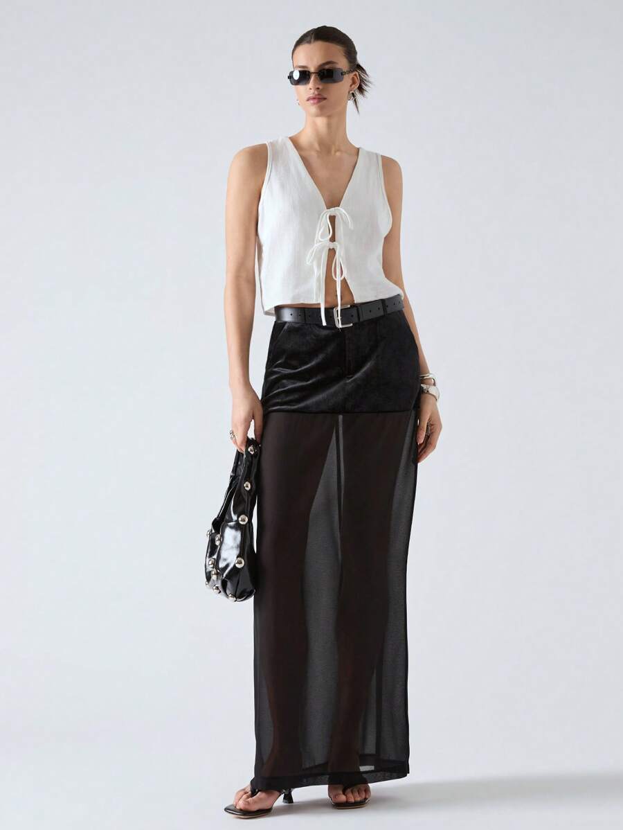 LYSMO Falda midi semitransparente de unicolor a bloques de color para mujer - Negro - Ver 1