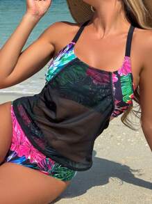 Swim Lushoire 女士粉色和绿色热带花卉印花、网眼覆盖、锁孔形后背吊带背心比基尼上衣、海滩度假装、春夏新品两件套泳装女士泳衣女士泳衣女士连体泳衣女士上衣女士比基尼泳装 - 彩色 - 查看 3
