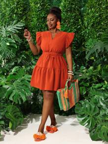 Slaydiva New Spring/Summer Casual Resort V-Neck Ruffle Cap Sleeves Elasticated Waist Bow Accent Tiered Mini A-Line Dress, Green, Plus Size - M - Orange - View 4
