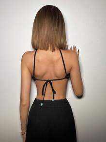 SHEIN ICON 串珠吊带深露背短款休闲假日紧身衣 - 黑色 - 查看 2
