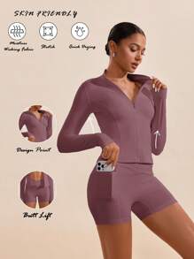 VARSIVA 高领长袖紧身女式运动套装 - 紫色 - 查看 3