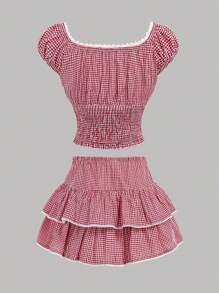 Girlism Teen Girl Spring/Summer Holiday U-Neck Ruffle Ruffle Bow Top & Plaid Ruffle Shirt With Ruffle Hem Skirt /Clothes Teen Two Pieces Outfits / Outfits For Girls Summer/ Skirt Sets For Teens/ Girl Outfit Young Girls Sets