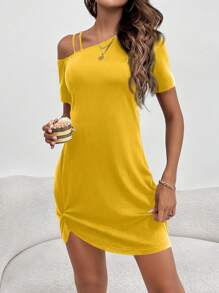 SHEIN LUNE 情人节不对称单肩黑色褶皱女式连衣裙 - 黃色 - 查看 5