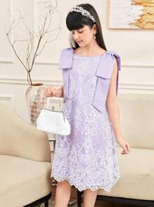 SHEIN Tween 女童宽松优雅蝴蝶结装饰 A 字形蕾丝连衣裙 - 淡紫色 - 查看 4