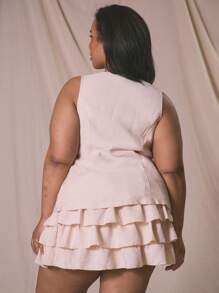 MUSERA Plus Size Tie Up Woven Waistcoat For Holiday, Elegant - Khaki - View 3