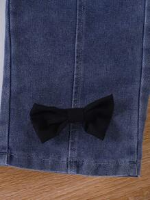 SHEIN 2 件装女童（幼儿）白色插肩袖蝴蝶结上衣和牛仔裤套装，夏季时尚休闲装 - 白色 - 查看 3