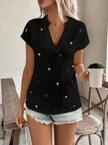 Breezaya 女士心形刺绣 V 领蝙蝠袖短袖休闲衬衫 - 黑色 - 查看 5