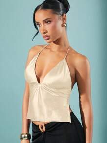 Hauture Satin Low Neck Backless Holiday New Year Party Top,Rave Top