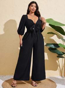 SHEIN Clasi 大码女式纯色优雅系带阔腿连体裤