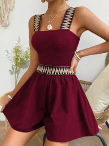 Breezaya Vacation Casual Webbing Splice Romper - Burgundy - View 4