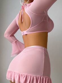 3pcs/Set Sexy Mesh Bell Sleeve Bodysuit And Ruffle Hem Mini Skirt Set - Baby Pink - View 2