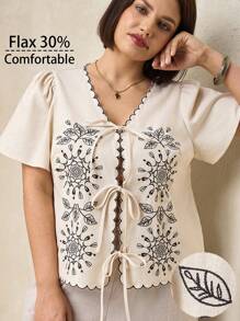 SHEIN Clasi Women Plus Size Apricot Embroidery Bow Front Open Blouse, Elegant Daily Comfortable Short Sleeve Top, Spring/Summer Plus Size Women Casual Tops Business Casual Woman Tops Office Tops For Women Vacation Tops Boho Tops For Summer Going Out Top V Neck Top Women Tops Summer