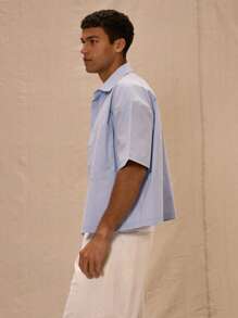 Musero Boxy Fit Oversized Pocket Detail Button Through Short Sleeve Shirt Spring&Summer - Blue - View 2