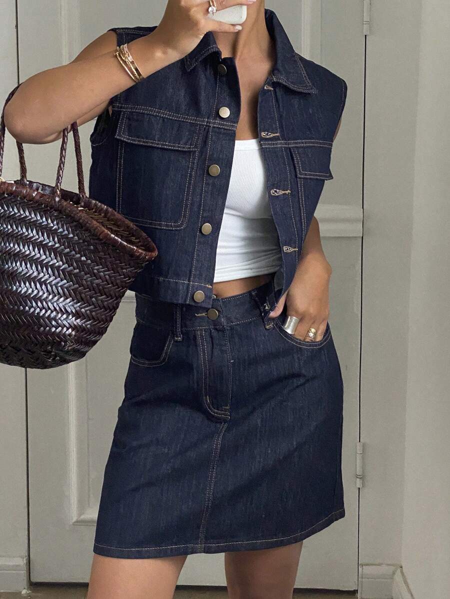 Livesso Fitted Short Denim Jacket And Shorts Set For Women - Dark Wash - View 1