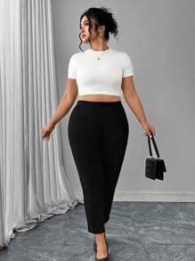 Chikora Plus Size Simple Solid Color Casual Pants, Suitable For Summer - Black - View 3