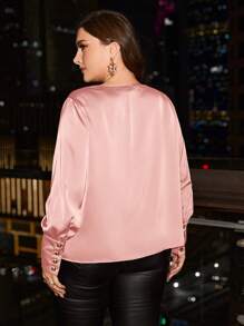 SHEIN Clasi Plus Size Women's Luxurious Satin Flare Collar Long Sleeve Blouse For Party, Autumn - Pink - View 2