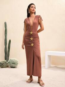 BY FELIZIA Brown Solid Ruched Shoulder Deep V Neck Sleeveless Backless Sexy Seafish Drapes Maxi Dress Summer Dress Vacation Sundress For Women - Brown - View 8