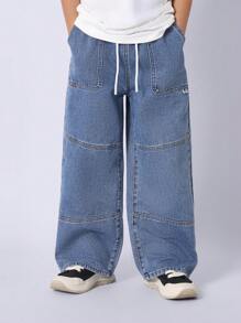 SUMWON Jeans de pierna ancha clásicos para jóvenes con cintura con cordón, diseño de múltiples paneles, comodidad para el día a día, perfectos para la escuela y el uso casual, estilo streetwear - Azul - Ver 1